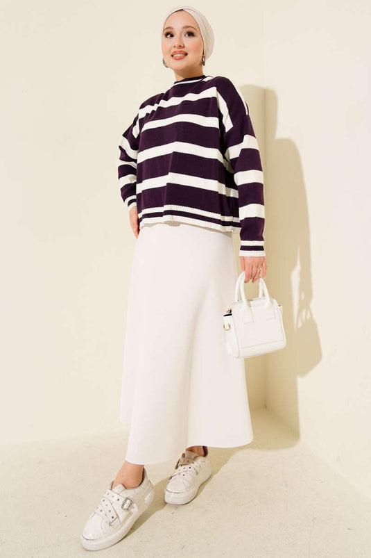 Yatay Çizgi Detaylı Kısa Triko Kazak Mor