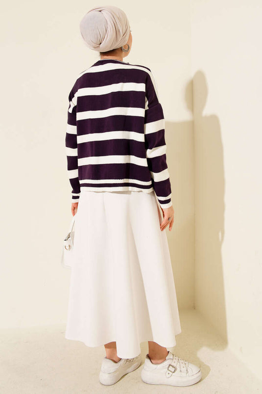 Yatay Çizgi Detaylı Kısa Triko Kazak Mor