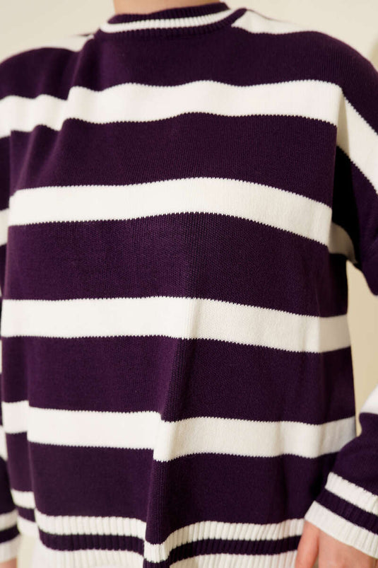 Yatay Çizgi Detaylı Kısa Triko Kazak Mor