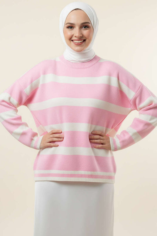 Yatay Çizgi Detaylı Kısa Triko Kazak Pembe