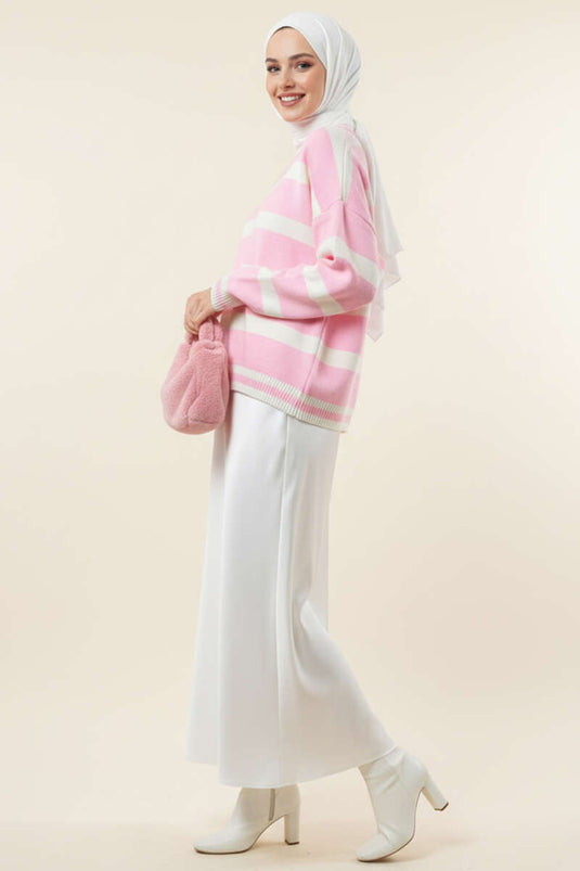 Yatay Çizgi Detaylı Kısa Triko Kazak Pembe