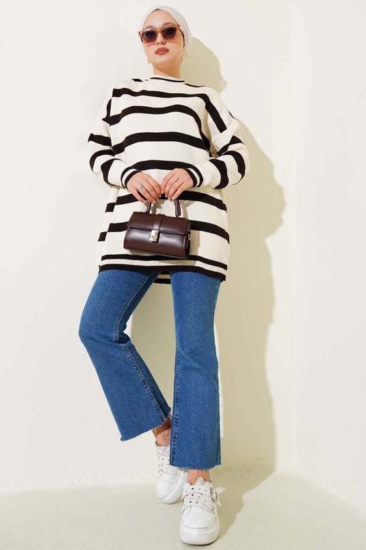 Horizontal Stripe Detail Knitted Tunic, Beige, Brown