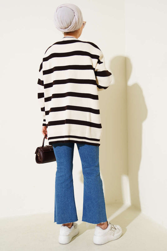 Horizontal Stripe Detail Knitted Tunic, Beige, Brown