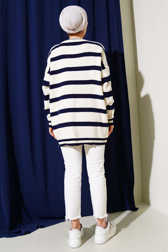 Yatay Çizgi Detaylı Triko Tunik Bej Lacivert