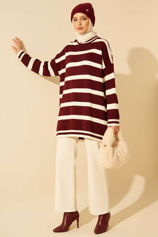 Horizontal Stripe Detail Knitted Tunic, Burgundy