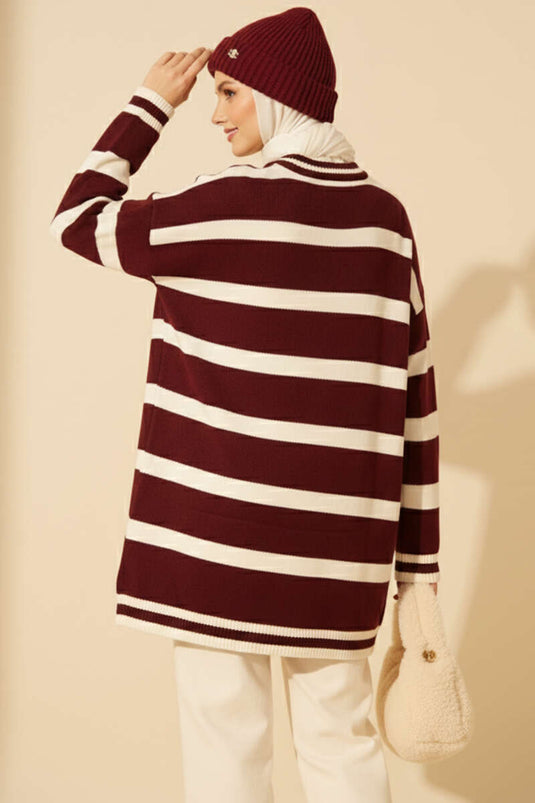Horizontal Stripe Detail Knitted Tunic, Burgundy