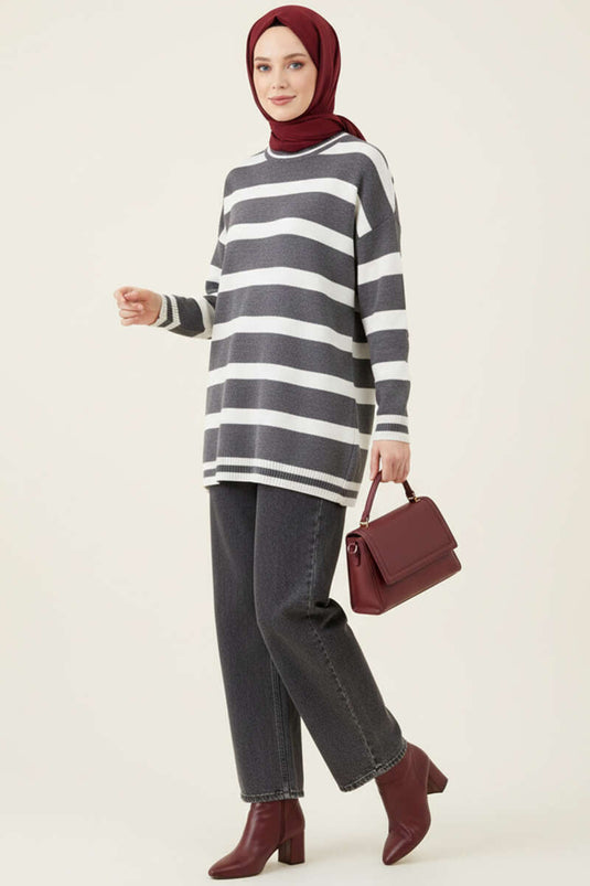 Yatay Çizgi Detaylı Triko Tunik Füme