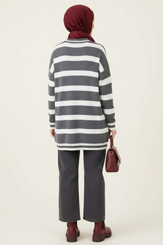 Yatay Çizgi Detaylı Triko Tunik Füme
