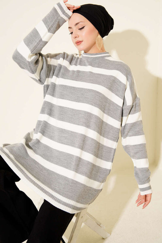 Gray Knitted Tunic with Horizontal Stripe Detail