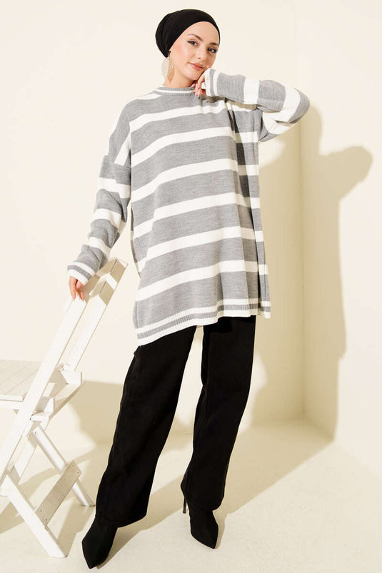 Gray Knitted Tunic with Horizontal Stripe Detail