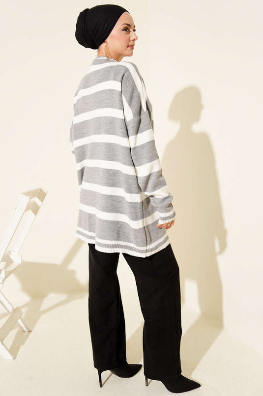 Gray Knitted Tunic with Horizontal Stripe Detail