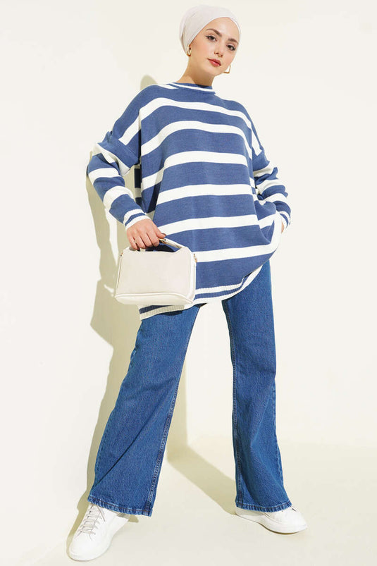 Horizontal Stripe Detail Knitted Tunic Indigo