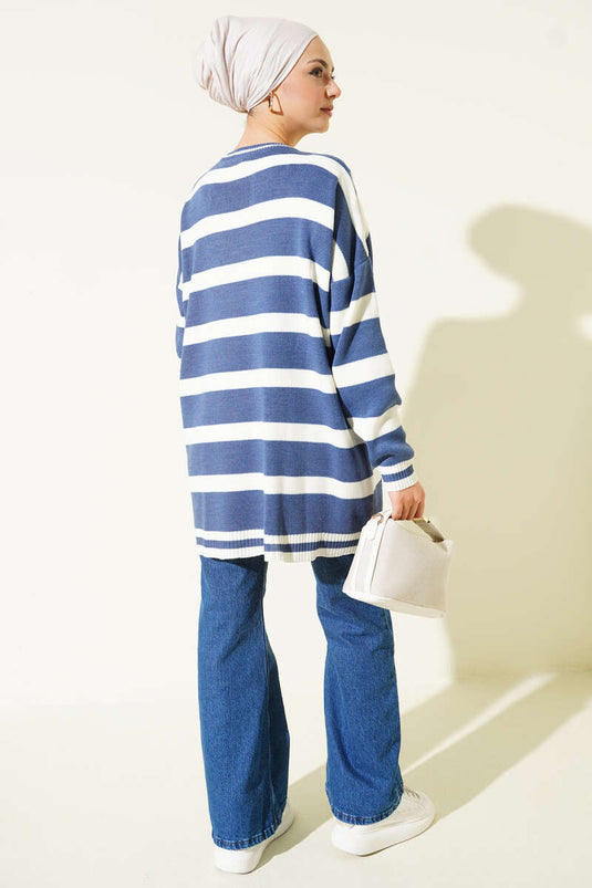 Horizontal Stripe Detail Knitted Tunic Indigo