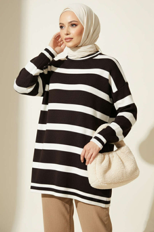 Yatay Çizgi Detaylı Triko Tunik Kahve