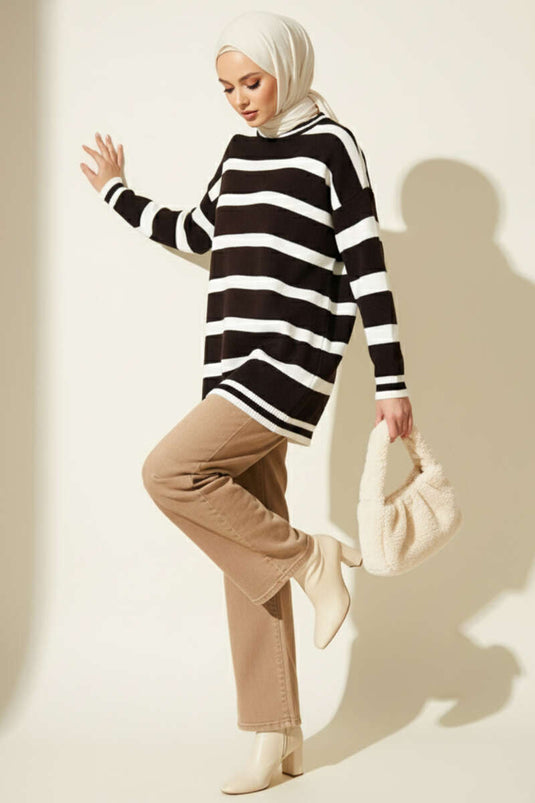 Yatay Çizgi Detaylı Triko Tunik Kahve