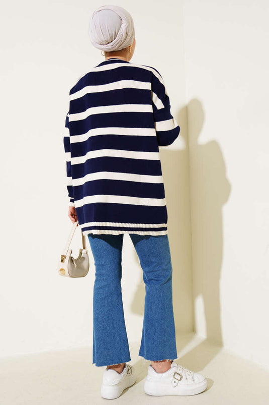 Navy Blue Knitted Tunic with Horizontal Stripe Detail