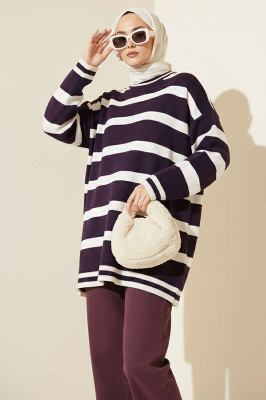 Yatay Çizgi Detaylı Triko Tunik Mor