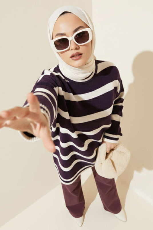 Yatay Çizgi Detaylı Triko Tunik Mor