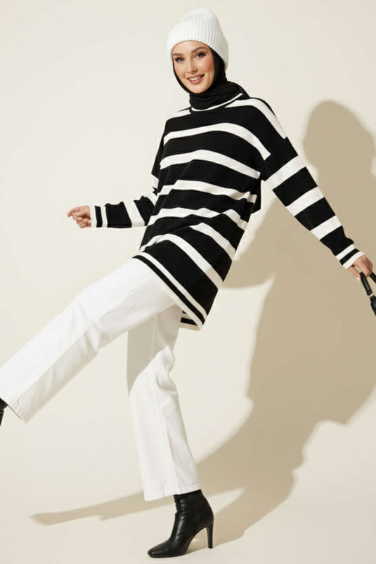 Horizontal Stripe Detail Knitted Tunic Black