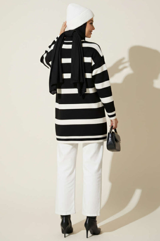 Horizontal Stripe Detail Knitted Tunic Black