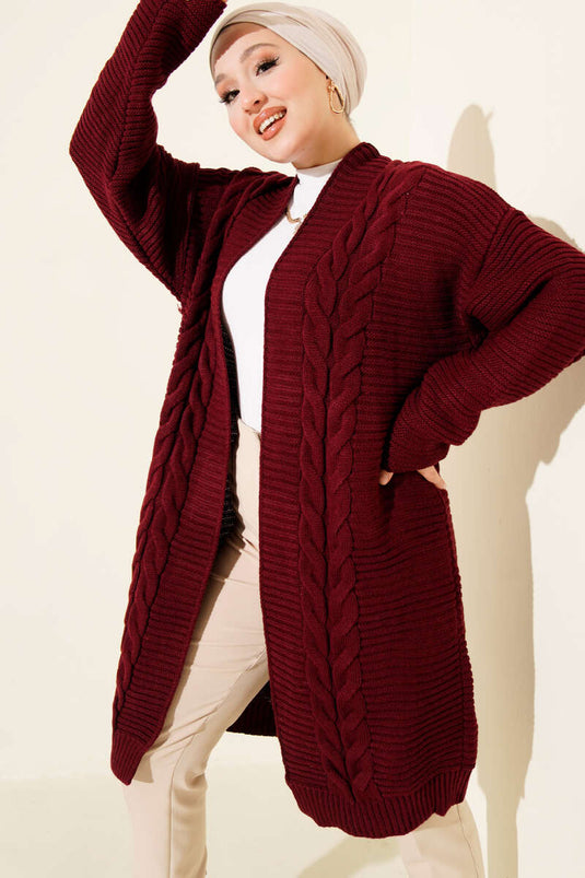 Bordeaux Gestreifter Relief-Strick-Cardigan