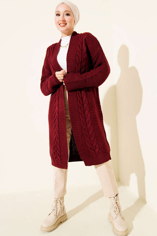 Bordeaux Gestreifter Relief-Strick-Cardigan