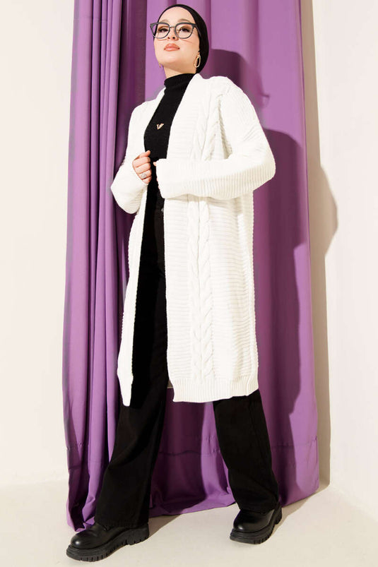 Yatay Çizgi Kabartmalı Triko Hırka Ekru