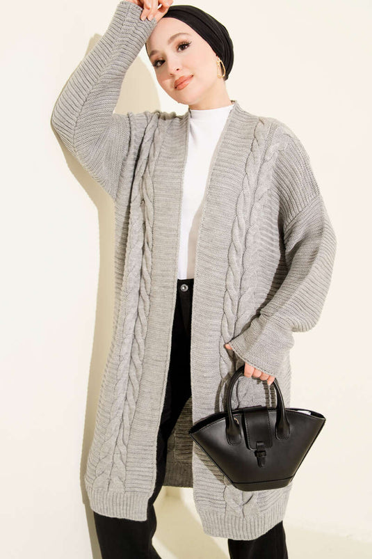 Yatay Çizgi Kabartmalı Triko Hırka Gri