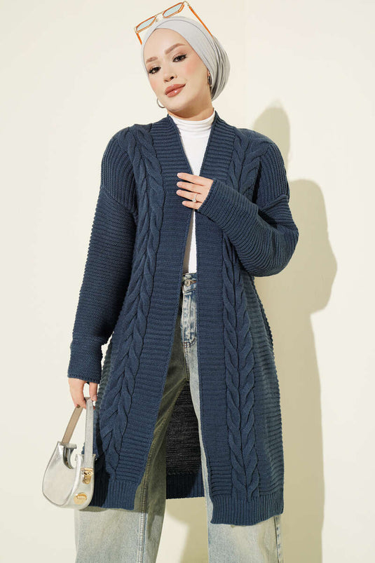 Indigo Gestrickter Cardigan Mit Horizontalem Streifenmuster