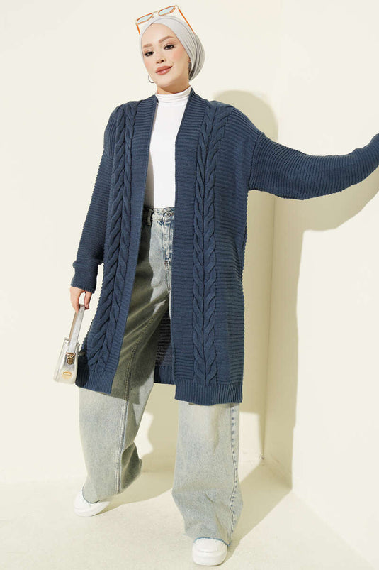 Indigo Gestrickter Cardigan Mit Horizontalem Streifenmuster