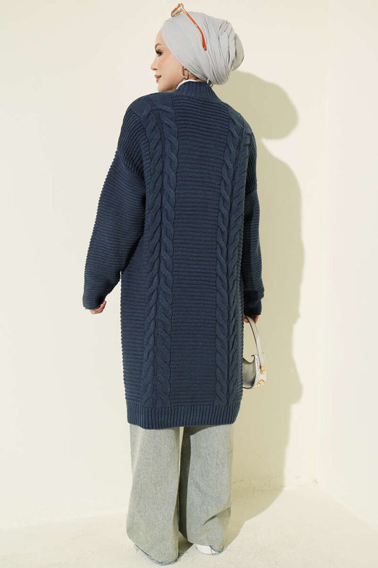 Indigo Gestrickter Cardigan Mit Horizontalem Streifenmuster