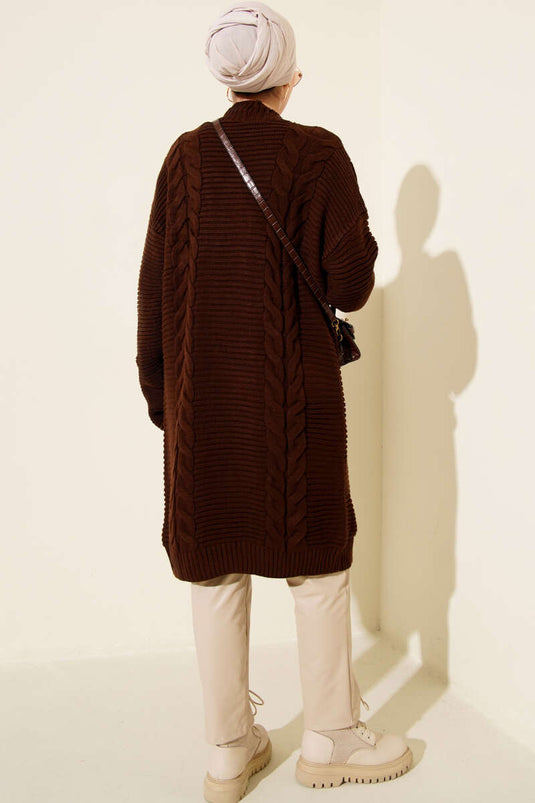 Yatay Çizgi Kabartmalı Triko Hırka Kahve