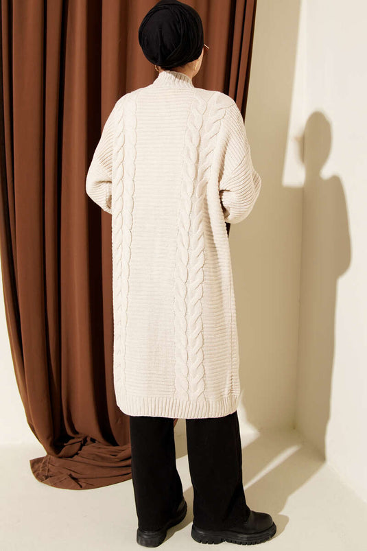 Yatay Çizgi Kabartmalı Triko Hırka Taş