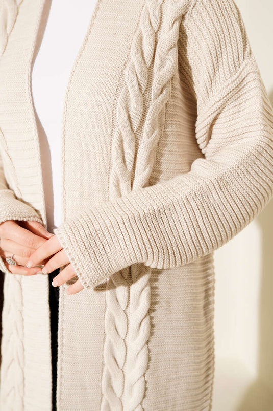 Yatay Çizgi Kabartmalı Triko Hırka Taş