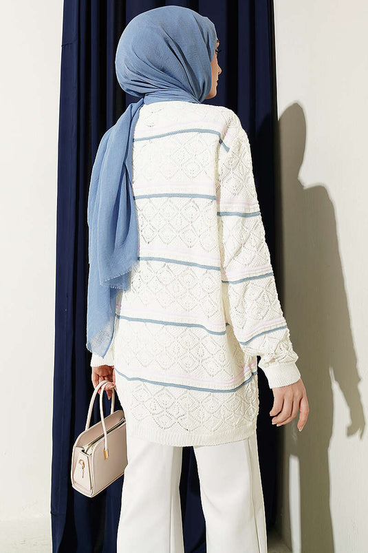 Cardigan lavorato a maglia traforato a righe orizzontali color ecru