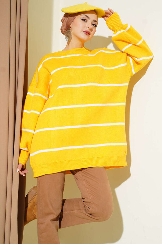 Tunica in maglia a righe orizzontali con maniche a palloncino giallo