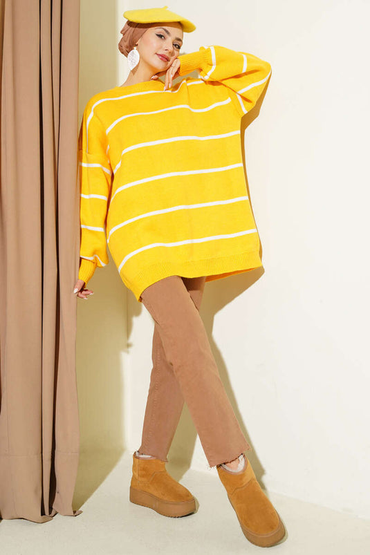 Tunica in maglia a righe orizzontali con maniche a palloncino giallo