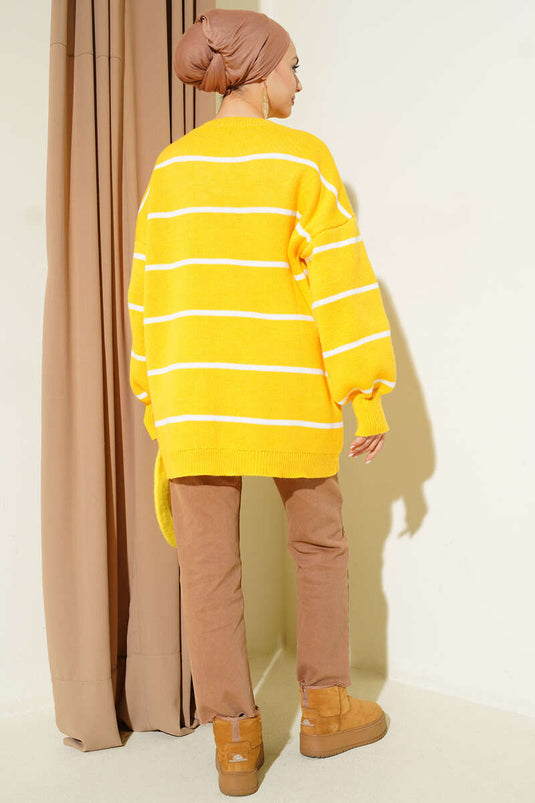 Tunica in maglia a righe orizzontali con maniche a palloncino giallo