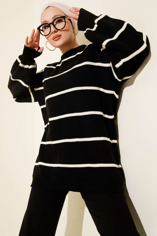 Quer gestreifte Strick-Tunika mit Ballonärmeln Schwarz