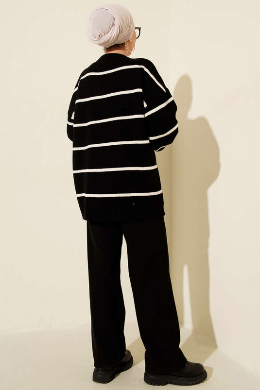 Yatay Çizgili Balon Kol Triko Tunik Siyah