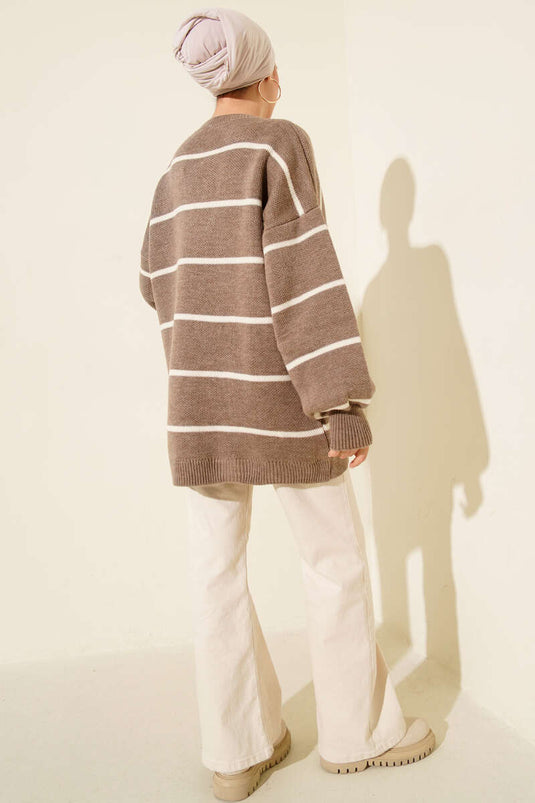 تونيك محبوك بأكمام منفوخة مخطط عرضياً بلون فيزون