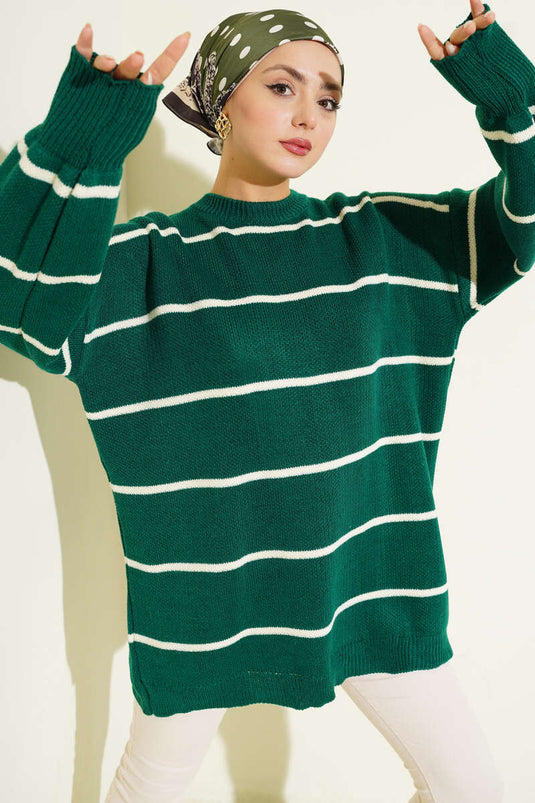 تونيك محبوك بأكمام بالون مخططة أفقياً زمردي