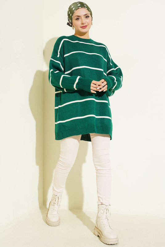 تونيك محبوك بأكمام بالون مخططة أفقياً زمردي