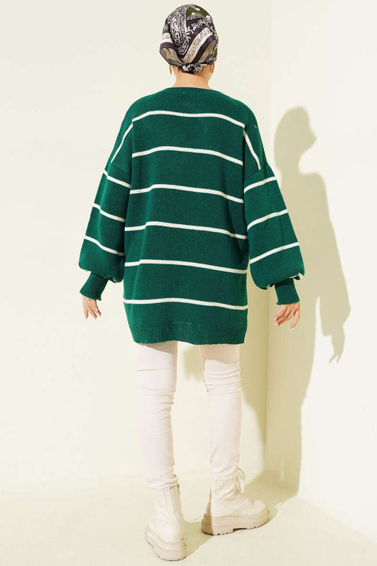 تونيك محبوك بأكمام بالون مخططة أفقياً زمردي