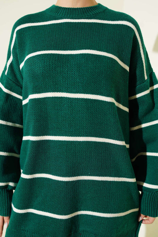 تونيك محبوك بأكمام بالون مخططة أفقياً زمردي