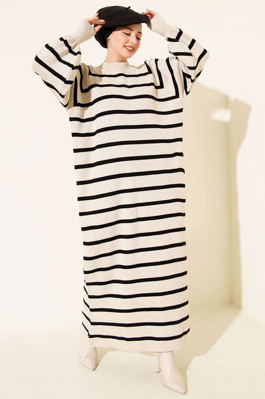 Robe basique en maille à rayures horizontales beige