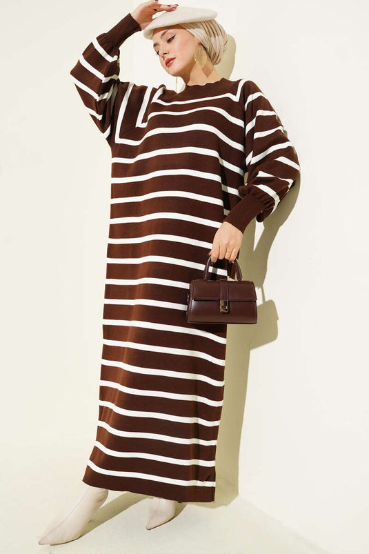 Robe basique en maille à rayures horizontales, marron