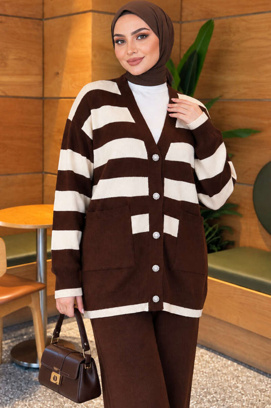 Horizontal Striped Pocket Knit Set In Brown