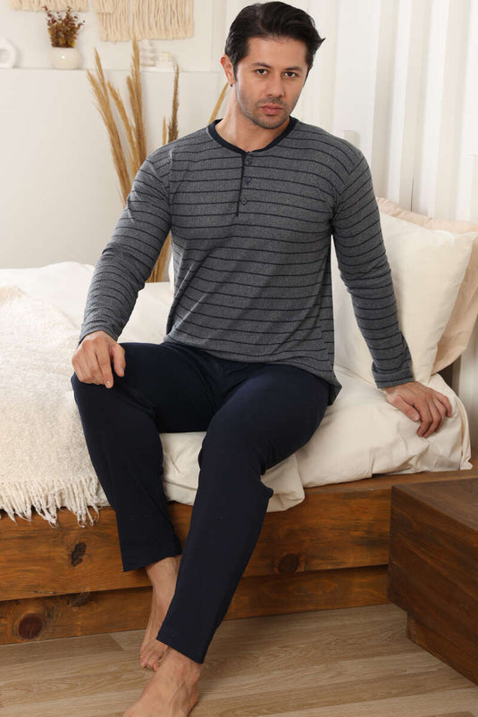 طقم بيجاما رجالي بخطوط أفقية وتفاصيل أزرار، رمادي داكن