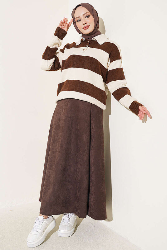Maglione A Righe Con Bottoni Beige